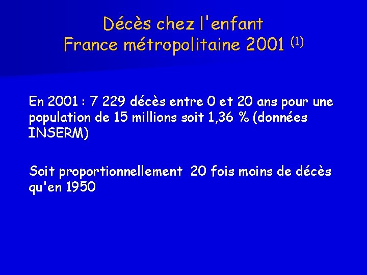 Décès chez l'enfant France métropolitaine 2001 (1) En 2001 : 7 229 décès entre