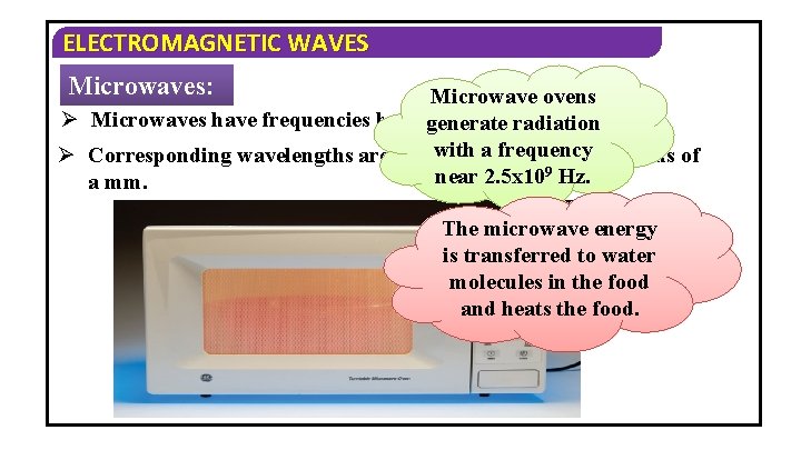 ELECTROMAGNETIC WAVES Microwaves: Microwave ovens Ø Microwaves have frequencies between 109 Hz - 1012