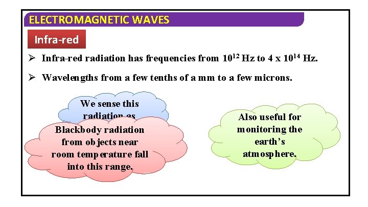 ELECTROMAGNETIC WAVES Infra-red Ø Infra-red radiation has frequencies from 1012 Hz to 4 x