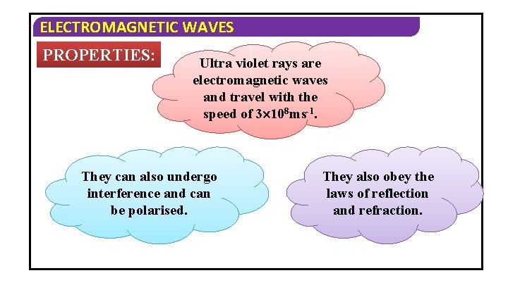 ELECTROMAGNETIC WAVES PROPERTIES: Ultra violet rays are electromagnetic waves and travel with the speed