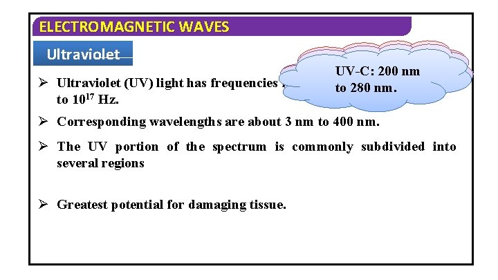 ELECTROMAGNETIC WAVES Ultraviolet UV-B: 280 nm UV-A: 200 315 nm nm UV-C: 14 Hz