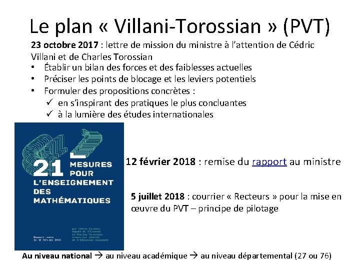 Le plan « Villani-Torossian » (PVT) 23 octobre 2017 : lettre de mission du