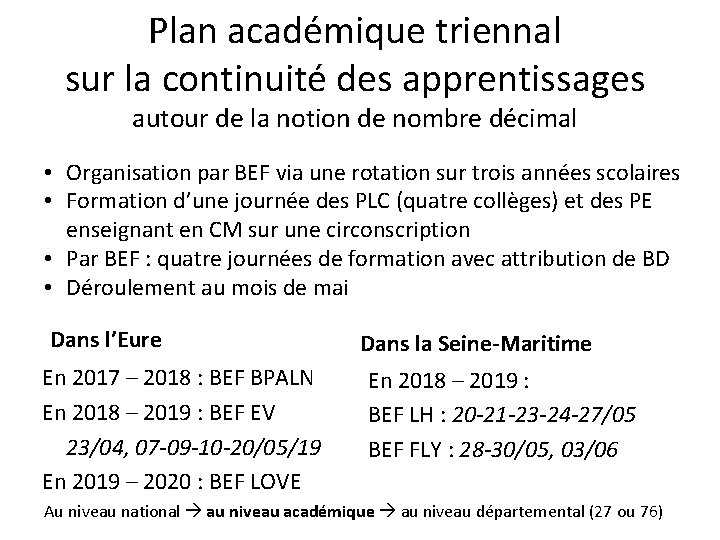 Plan académique triennal sur la continuité des apprentissages autour de la notion de nombre