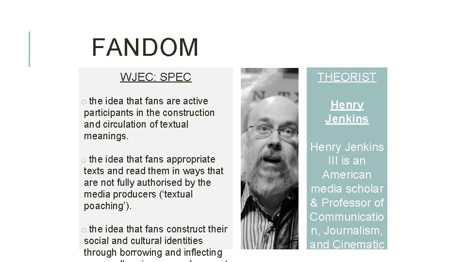 FANDOM WJEC: SPEC o the idea that fans are active participants in the construction