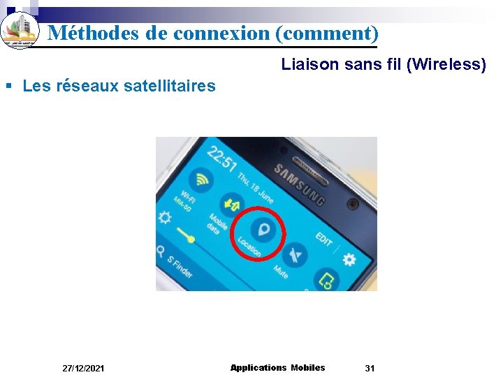 Méthodes de connexion (comment) Liaison sans fil (Wireless) § Les réseaux satellitaires 27/12/2021 Applications