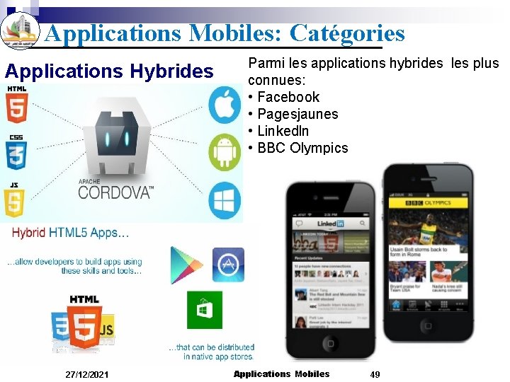 Applications Mobiles: Catégories Applications Hybrides 27/12/2021 Parmi les applications hybrides les plus connues: •