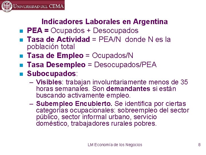 n n n Indicadores Laborales en Argentina PEA = Ocupados + Desocupados Tasa de