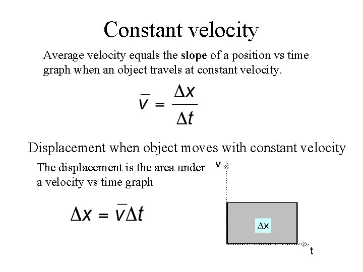Constant velocity Average velocity equals the slope of a position vs time graph when