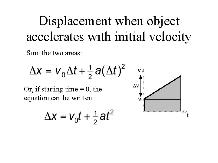 Displacement when object accelerates with initial velocity Sum the two areas: Or, if starting