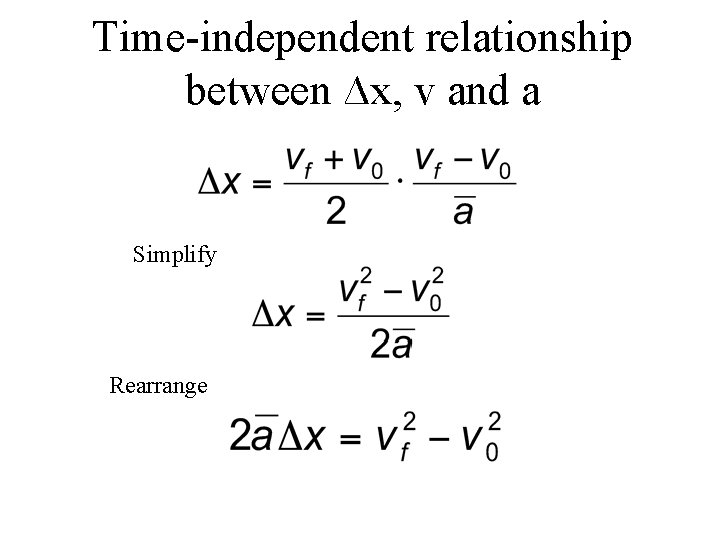 Time-independent relationship between ∆x, v and a Simplify Rearrange 