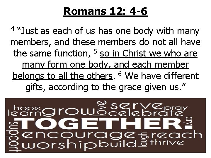 Romans 12: 4 -6 “Just as each of us has one body with many