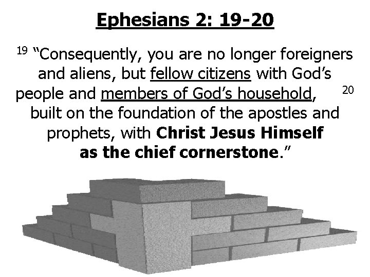 Ephesians 2: 19 -20 “Consequently, you are no longer foreigners and aliens, but fellow