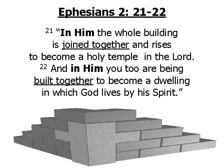 Ephesians 2: 21 -22 “In Him the whole building is joined together and rises