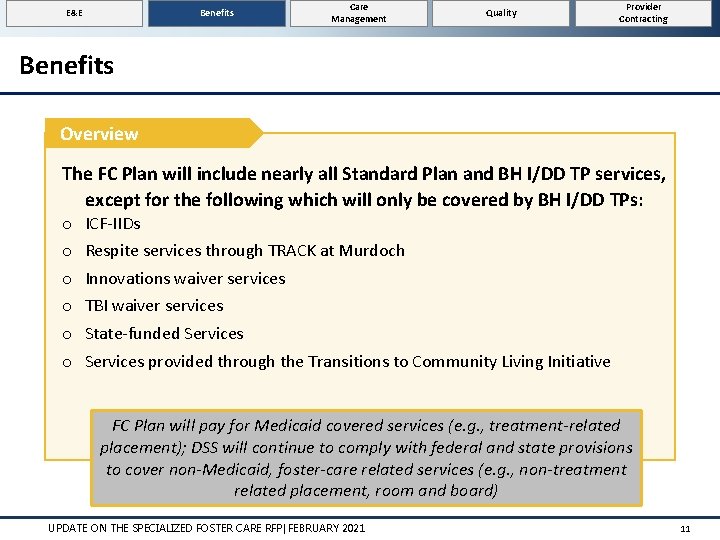 E&E Benefits Care Management Quality Provider Contracting Benefits Overview The FC Plan will include