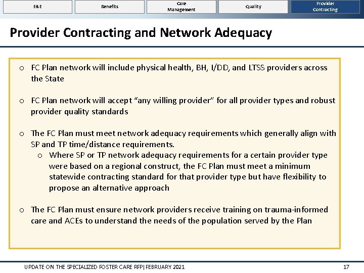 E&E Benefits Care Management Quality Provider Contracting and Network Adequacy o FC Plan network