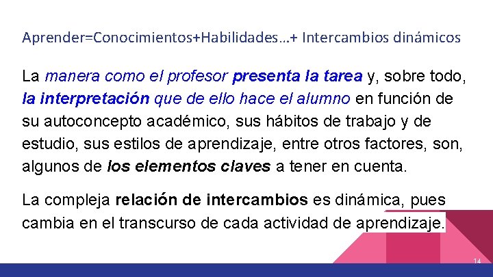 Aprender=Conocimientos+Habilidades…+ Intercambios dinámicos La manera como el profesor presenta la tarea y, sobre todo,