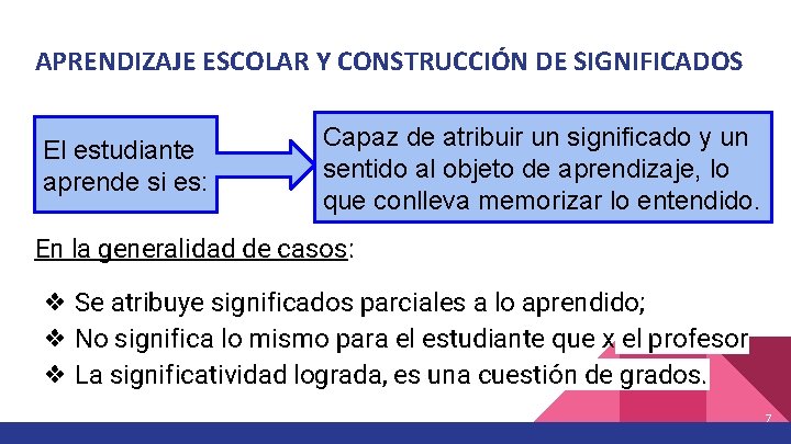 APRENDIZAJE ESCOLAR Y CONSTRUCCIÓN DE SIGNIFICADOS El estudiante aprende si es: Capaz de atribuir