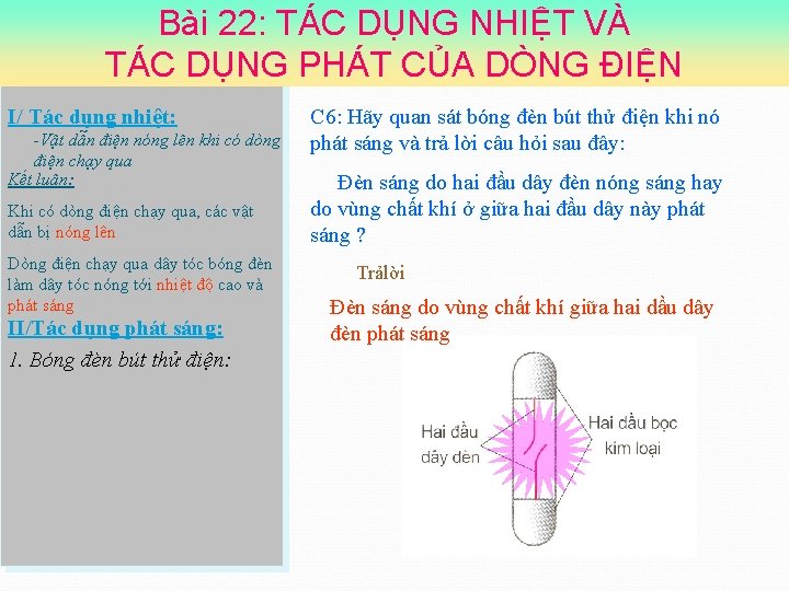 Bài 22: TÁC DỤNG NHIỆT VÀ TÁC DỤNG PHÁT CỦA DÒNG ĐIỆN I/ Tác