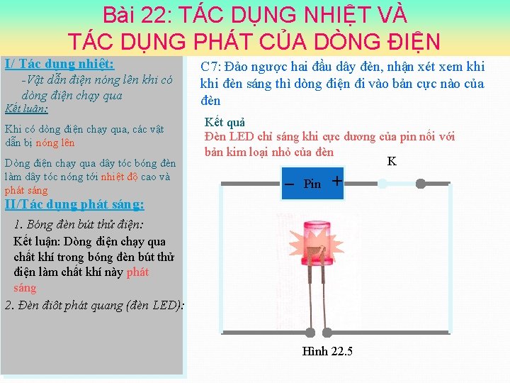 Bài 22: TÁC DỤNG NHIỆT VÀ TÁC DỤNG PHÁT CỦA DÒNG ĐIỆN I/ Tác