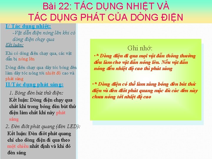 Bài 22: TÁC DỤNG NHIỆT VÀ TÁC DỤNG PHÁT CỦA DÒNG ĐIỆN I/ Tác