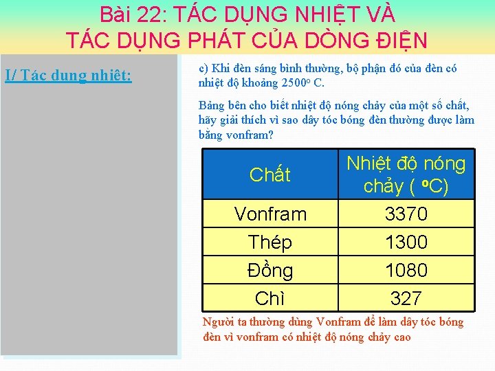 Bài 22: TÁC DỤNG NHIỆT VÀ TÁC DỤNG PHÁT CỦA DÒNG ĐIỆN I/ Tác