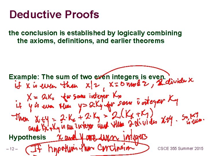 Deductive Proofs the conclusion is established by logically combining the axioms, definitions, and earlier