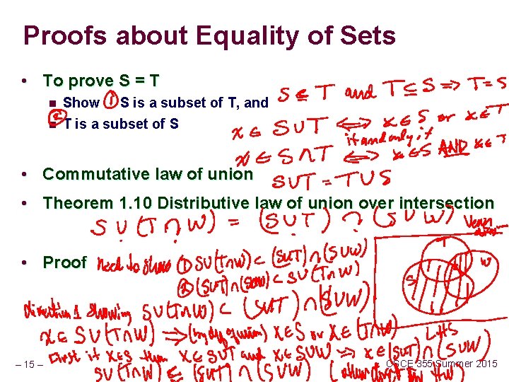 Proofs about Equality of Sets • To prove S = T n Show S