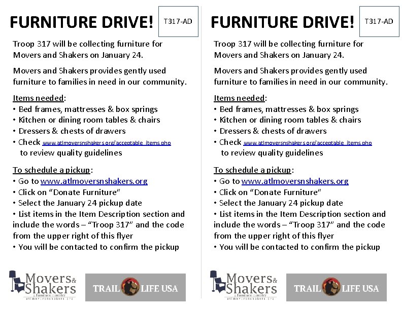 FURNITURE DRIVE! T 317 -AD Troop 317 will be collecting furniture for Movers and