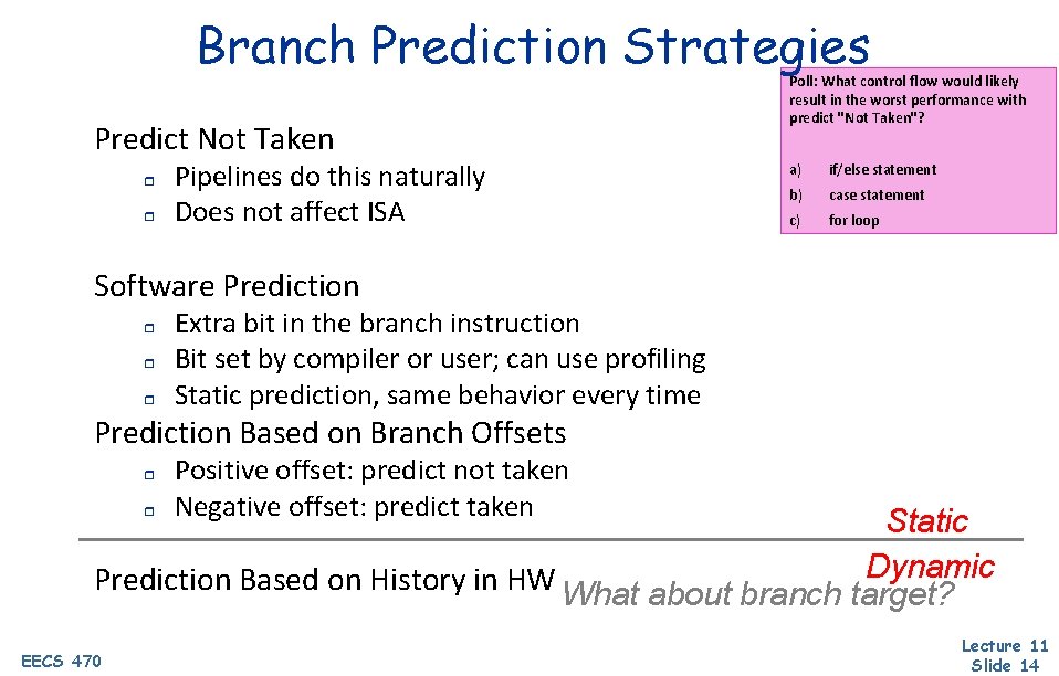 Branch Prediction Strategies Predict Not Taken r r Pipelines do this naturally Does not