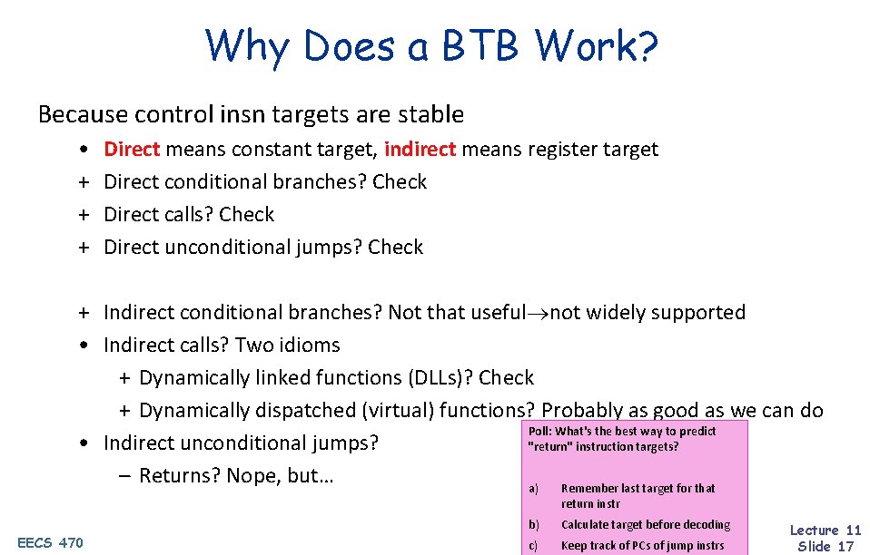 Why Does a BTB Work? Because control insn targets are stable • + +