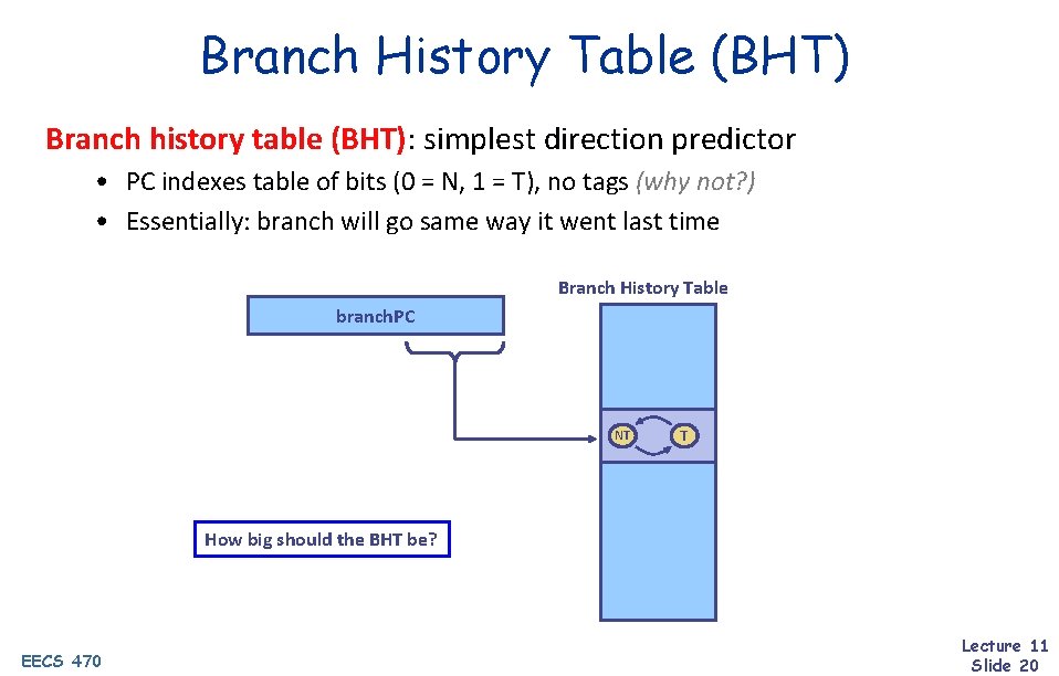 Branch History Table (BHT) Branch history table (BHT): simplest direction predictor • PC indexes