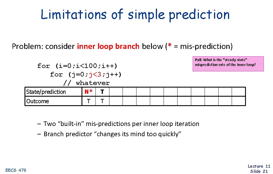 Limitations of simple prediction Problem: consider inner loop branch below (* = mis-prediction) for