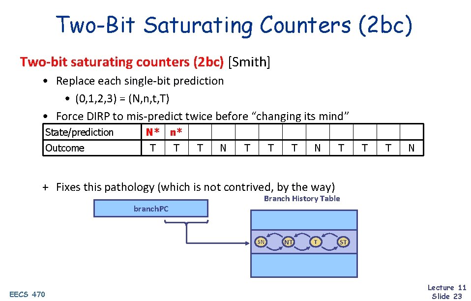 Two-Bit Saturating Counters (2 bc) Two-bit saturating counters (2 bc) [Smith] • Replace each