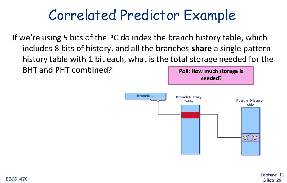 Correlated Predictor Example If we’re using 5 bits of the PC do index the