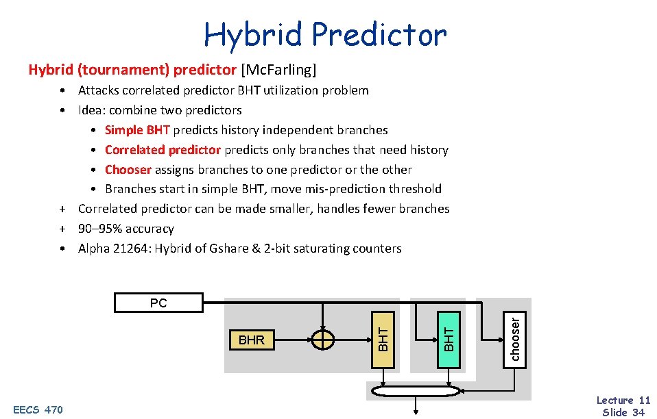 Hybrid Predictor Hybrid (tournament) predictor [Mc. Farling] • Attacks correlated predictor BHT utilization problem