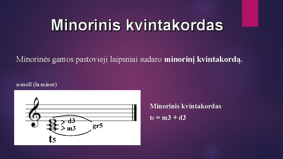 Minorinis kvintakordas Minorinės gamos pastovieji laipsniai sudaro minorinį kvintakordą. a-moll (la minor) Minorinis kvintakordas Minorinis kvintakordas Minorinės gamos pastovieji laipsniai sudaro minorinį kvintakordą. a-moll (la minor) Minorinis kvintakordas