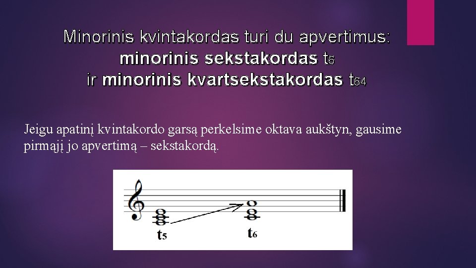 Minorinis kvintakordas turi du apvertimus: minorinis sekstakordas t 6 ir minorinis kvartsekstakordas t 64 Minorinis kvintakordas turi du apvertimus: minorinis sekstakordas t 6 ir minorinis kvartsekstakordas t 64