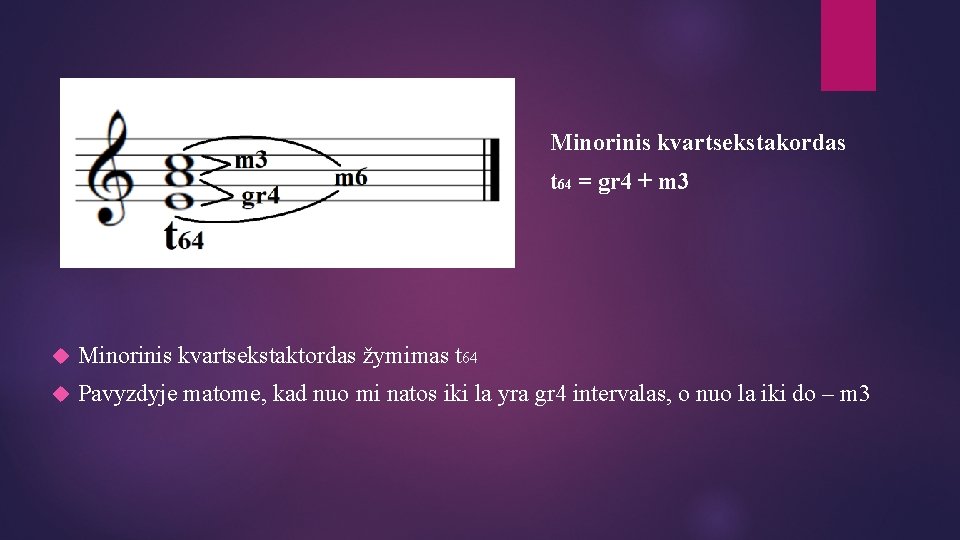 Minorinis kvartsekstakordas t 64 = gr 4 + m 3 Minorinis kvartsekstaktordas žymimas t