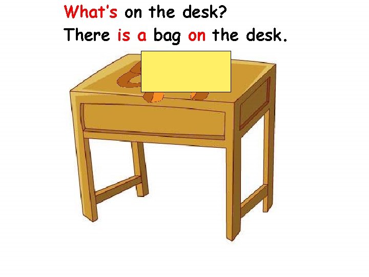 What’s on the desk? There is a bag on the desk. 