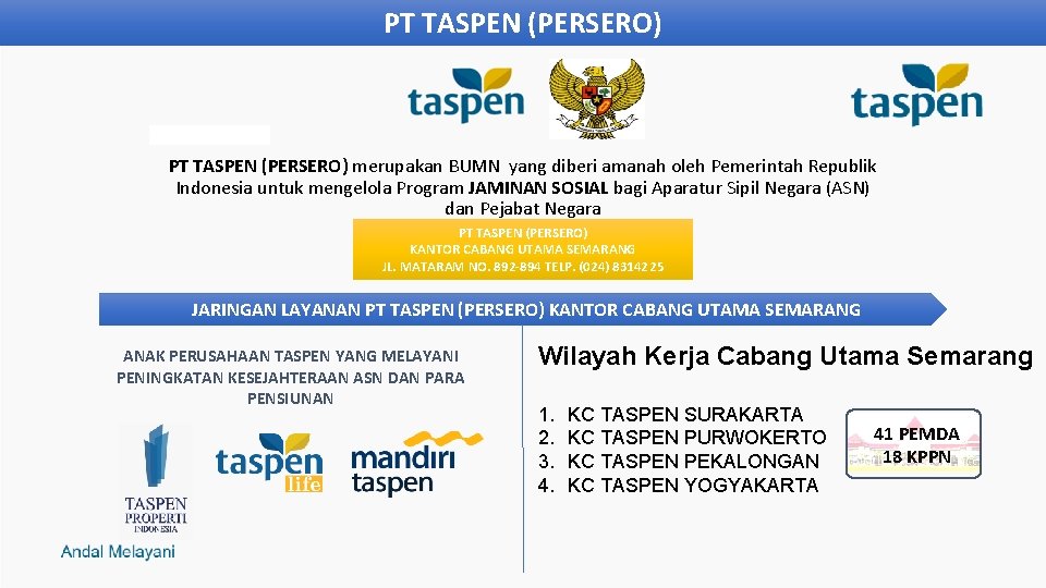 PT TASPEN (PERSERO) merupakan BUMN yang diberi amanah oleh Pemerintah Republik Indonesia untuk mengelola