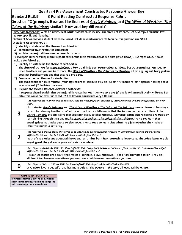 Quarter 4 Pre-Assessment Constructed Response Answer Key Standard RL. 3. 9 3 Point Reading