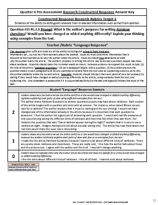 Quarter 4 Pre-Assessment Research Constructed Response Answer Key Constructed Response Research Rubrics Target 3