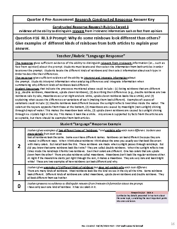 Quarter 4 Pre-Assessment Research Constructed Response Answer Key Constructed Response Research Rubrics Target 3