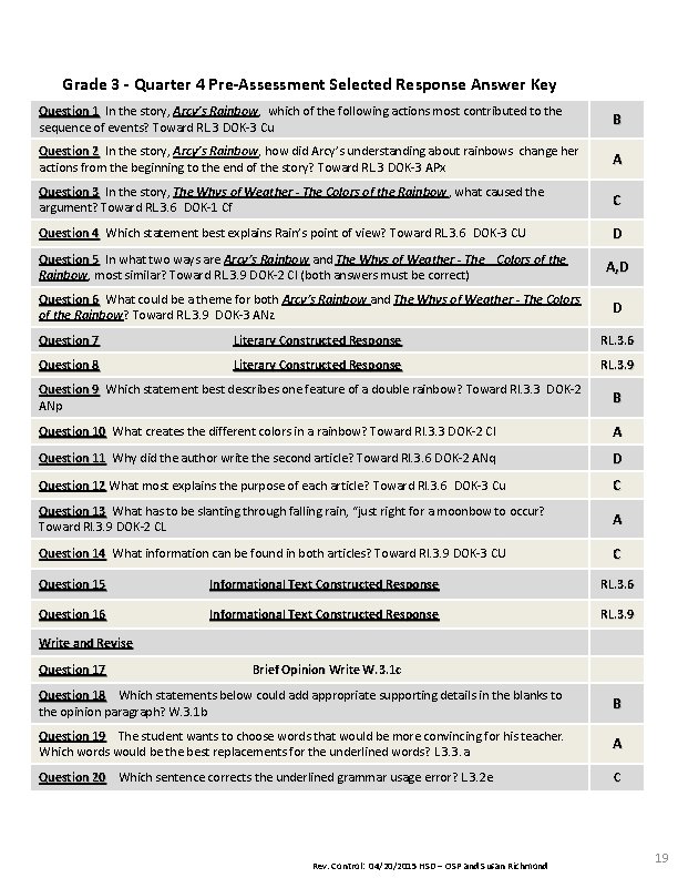 Grade 3 - Quarter 4 Pre-Assessment Selected Response Answer Key Question 1 In the