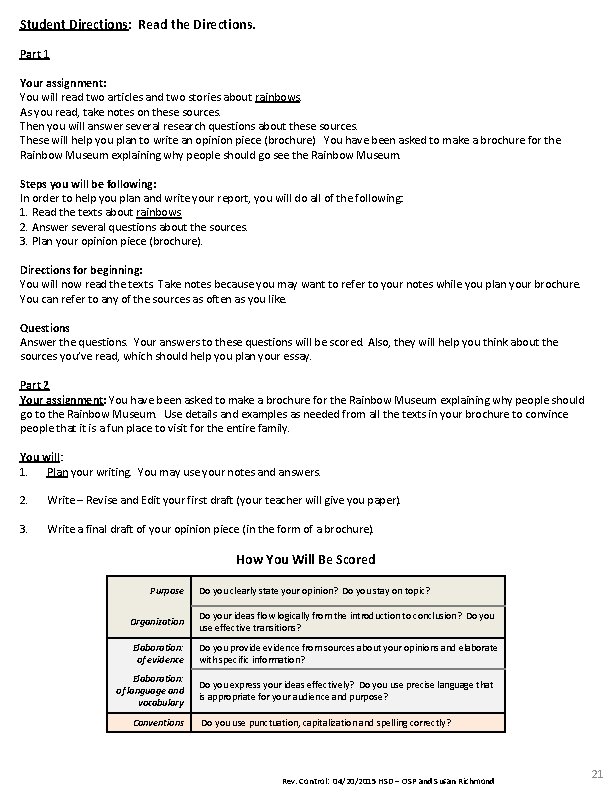 Student Directions: Read the Directions. Part 1 Your assignment: You will read two articles