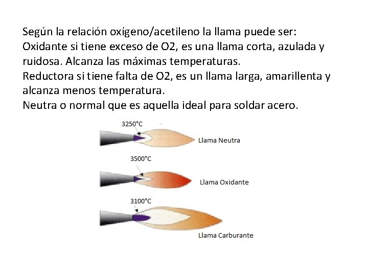 Según la relación oxígeno/acetileno la llama puede ser: Oxidante si tiene exceso de O