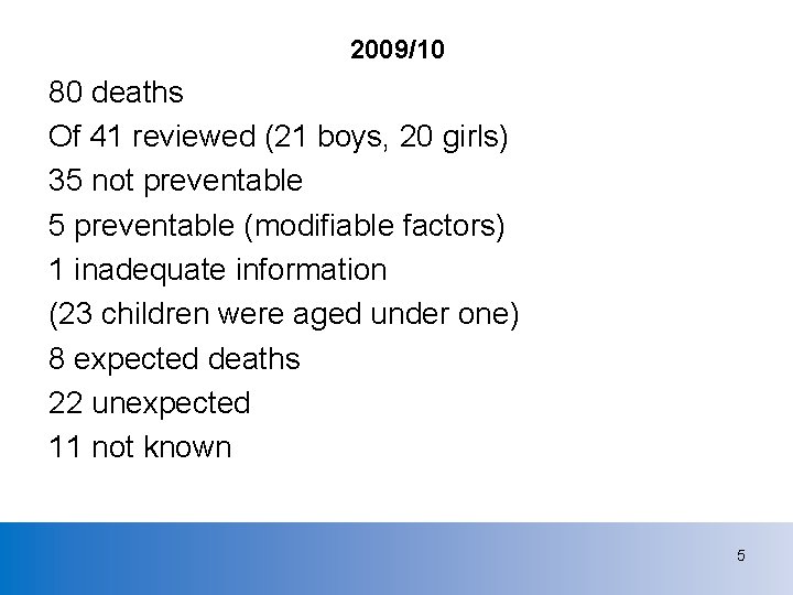 2009/10 80 deaths Of 41 reviewed (21 boys, 20 girls) 35 not preventable 5