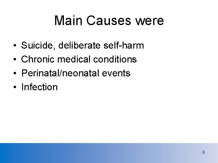 Main Causes were • • Suicide, deliberate self-harm Chronic medical conditions Perinatal/neonatal events Infection
