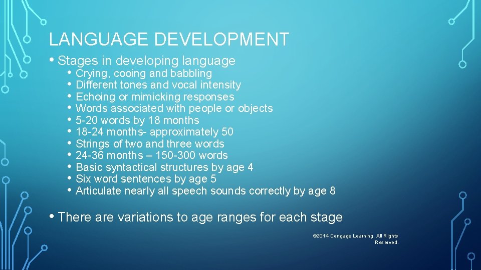 LANGUAGE DEVELOPMENT • Stages in developing language • Crying, cooing and babbling • Different