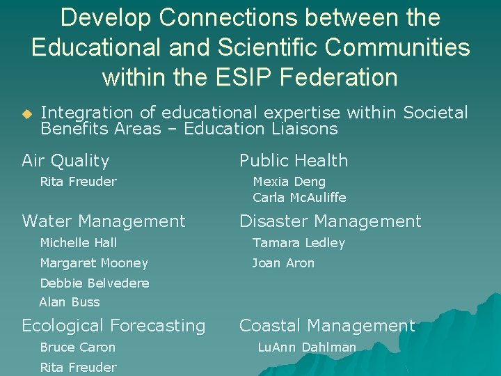 Develop Connections between the Educational and Scientific Communities within the ESIP Federation u Integration Develop Connections between the Educational and Scientific Communities within the ESIP Federation u Integration